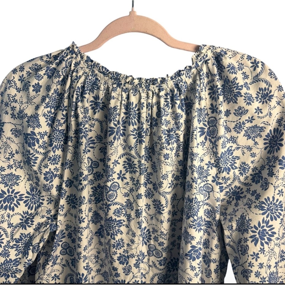 LOFT Women Blue White Floral Peasant Blouse Tie Neck Balloon Sleeve Large - Picture 5 of 8